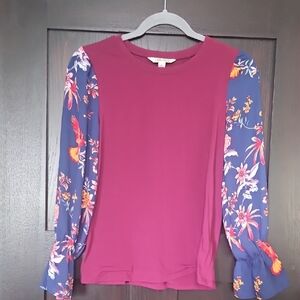 The Pioneer Woman Burgundy and Floral Sleeve Blouse